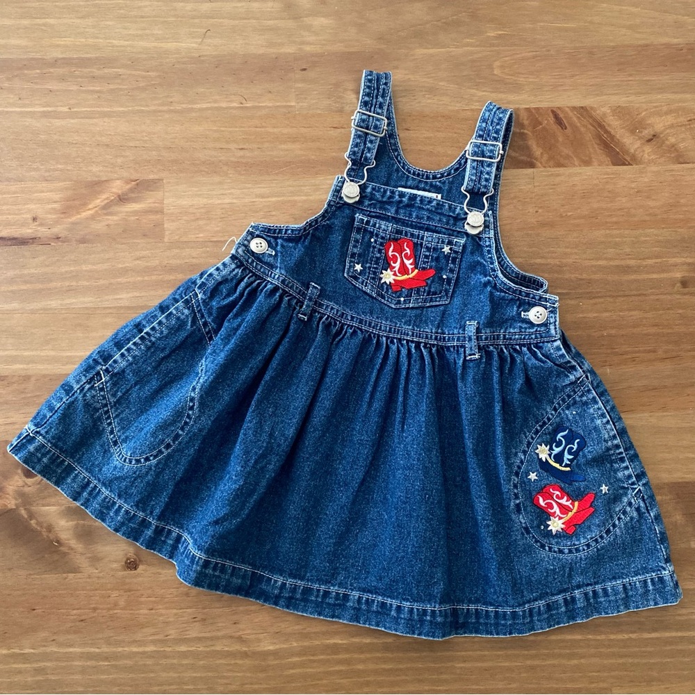 Vintage 90s Wanted! Kids Denim Overall Cowboy Boots Dress Size 2T